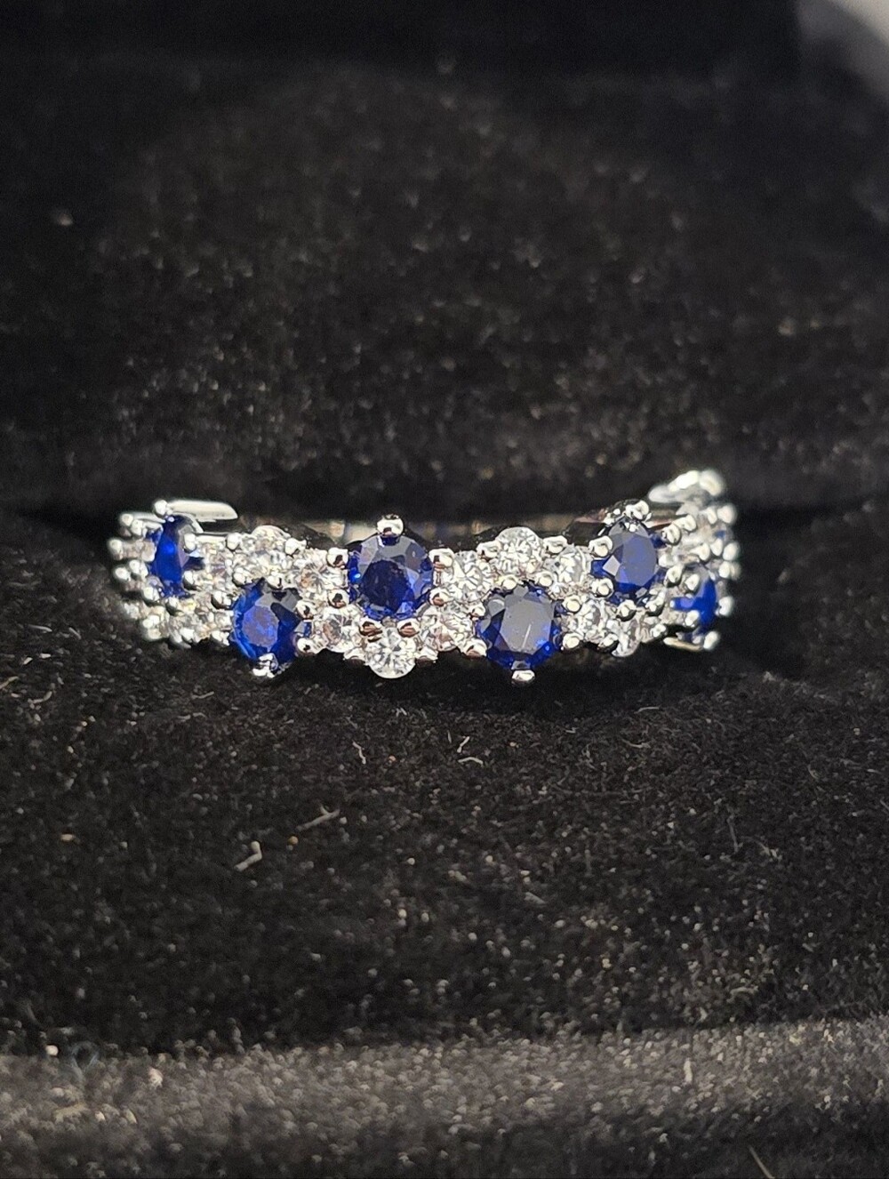 Blue Sapphire CZ Half Eternity Wave Band Ring Silver Tone Size 7 Fashion Gift